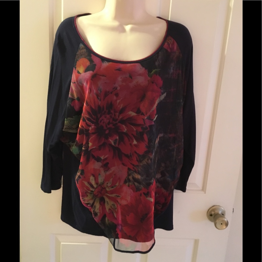 🔥Edista 🌹Roses Knit & Mesh Top Shirt *Made in USA* 🇺🇸 Large L Navy Blue